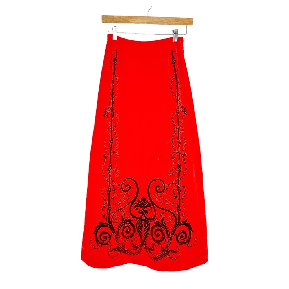 Vintage Mr. Dino 60s 70s Red Velvet Baroque Vines Print Retro Maxi Skirt